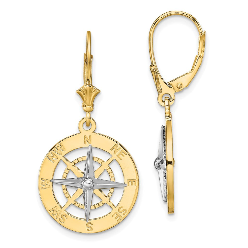 14K Two-Tone Gold Nautical Compass Leverback Earrings