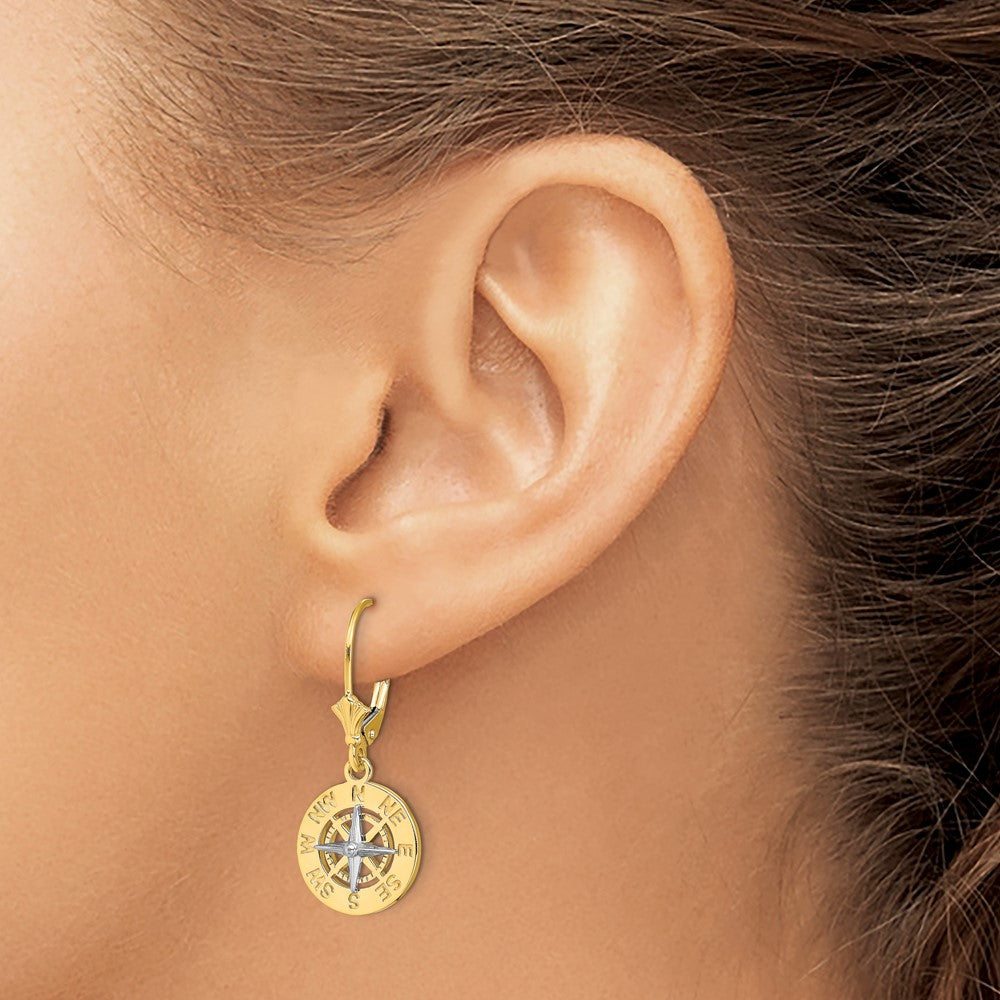 14K Two-Tone Gold Mini Nautical Compass Leverback Earrings