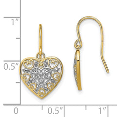 14K Two-Tone Gold Polished Filigree Hearts Shepherd Hook Earrings