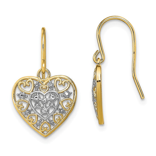 14K Two-Tone Gold Polished Filigree Hearts Shepherd Hook Earrings