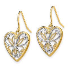 14K Two-Tone Gold Polished Filigree Heart Shepherd Hook Earrings