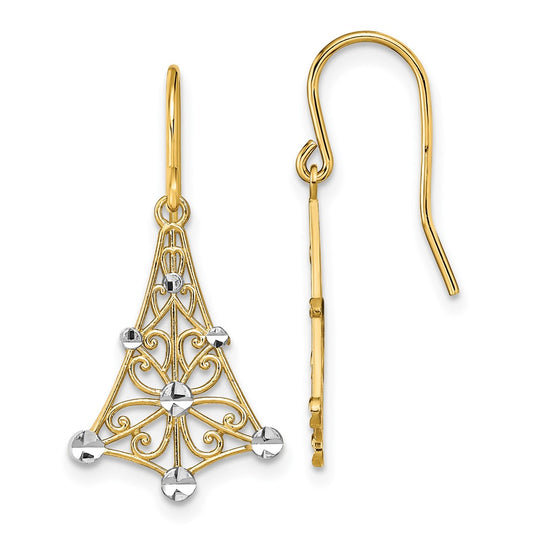 14K Two-Tone Gold Fancy Diamond-cut Dangle Wire Earrings