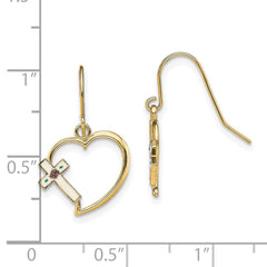 14K Yellow Gold Enamel Cross Heart Dangle Earrings