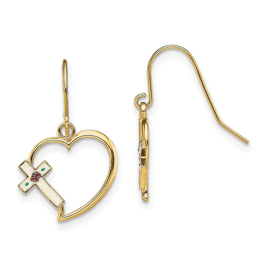 14K Yellow Gold Enamel Cross Heart Dangle Earrings