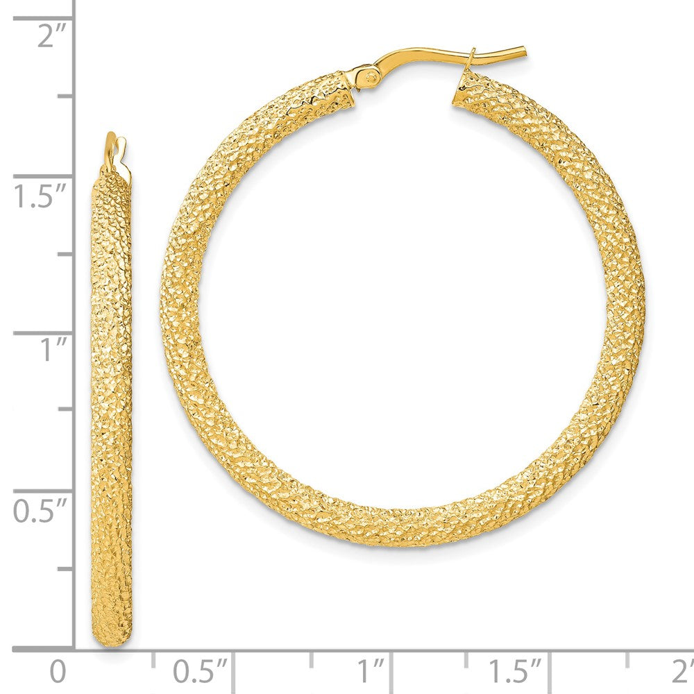 14K Yellow Gold 3x30mm Diamond-cut Hoop Earrings