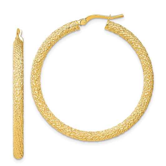 14K Yellow Gold 3x30mm Diamond-cut Hoop Earrings