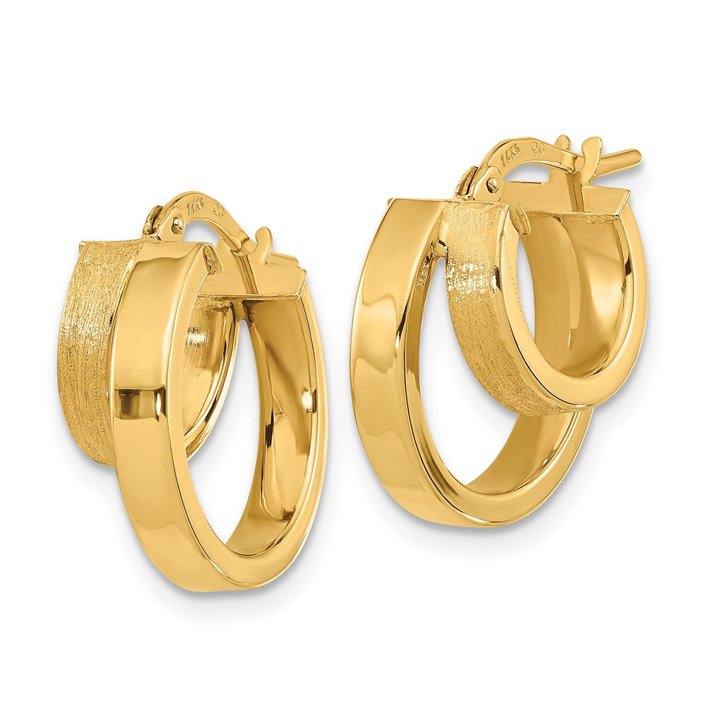 14K Yellow Gold Polished and Brushed Square Tube Double Hoop Earrings