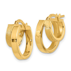 14K Yellow Gold Polished and Brushed Square Tube Double Hoop Earrings