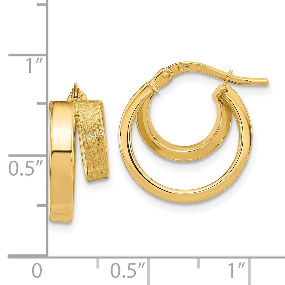 14K Yellow Gold Polished and Brushed Square Tube Double Hoop Earrings