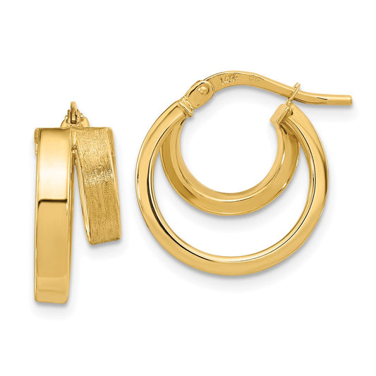 14K Yellow Gold Polished and Brushed Square Tube Double Hoop Earrings
