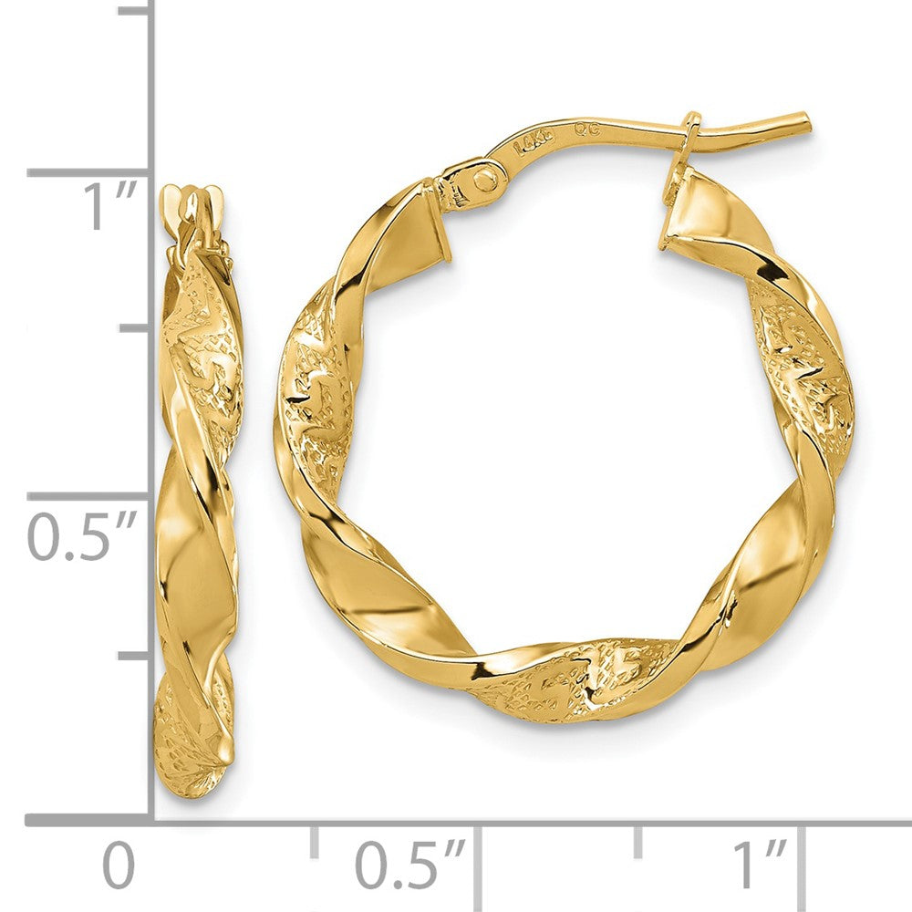 14K Yellow Gold Polished and Textured Twisted 3mm Hoop Earrings