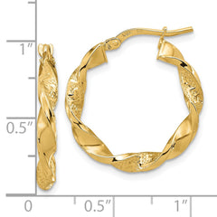 14K Yellow Gold Polished and Textured Twisted 3mm Hoop Earrings