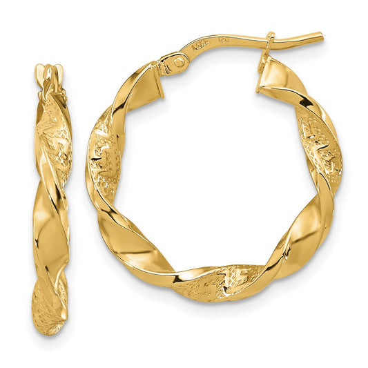 14K Yellow Gold Polished and Textured Twisted 3mm Hoop Earrings