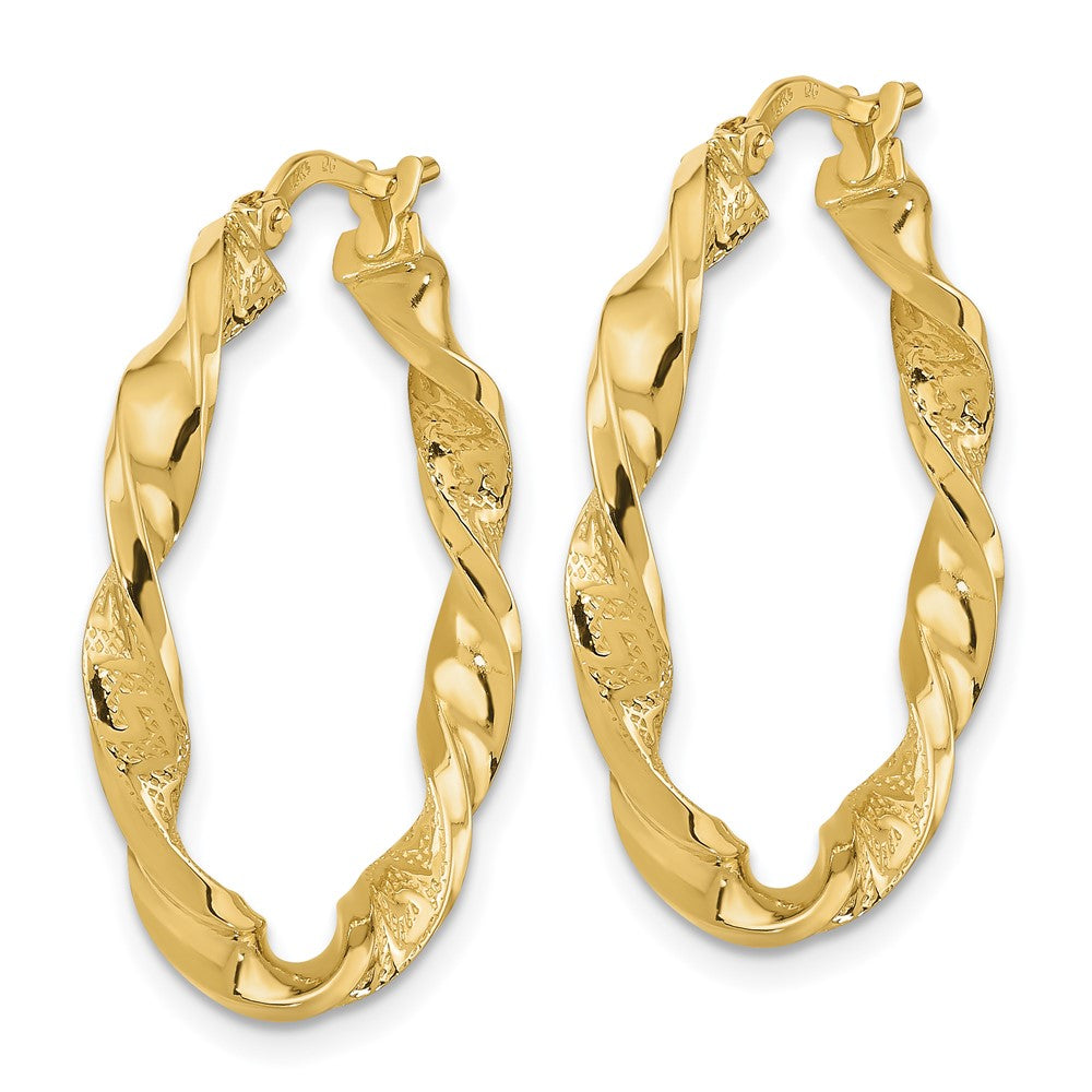 14K Yellow Gold Polished and Textured Twisted Hoop Earrings