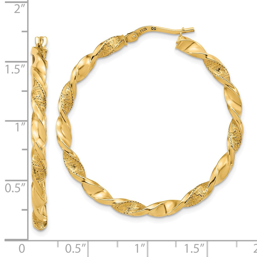 14K Yellow Gold Polished and Textured Twisted Hoop Earrings