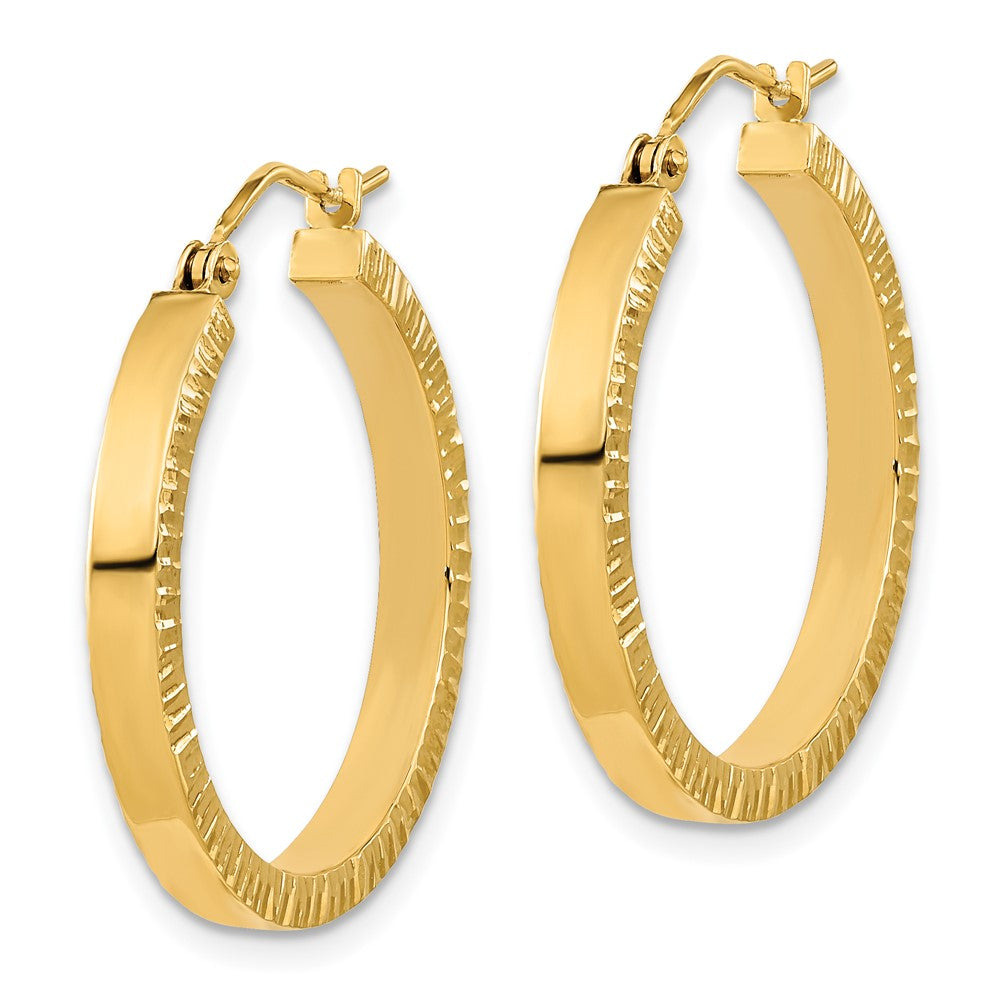 14K Yellow Gold Polished and Textured Sides Hoop Earrings