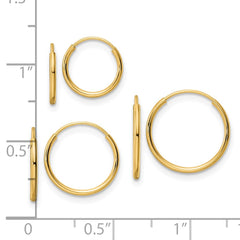 14K Yellow Gold Polished Endless Hoop 3 Piece Set