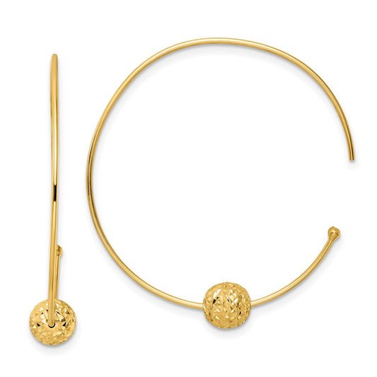 14K Yellow Gold Wire Hoops Diamond-cut Bead Earrings