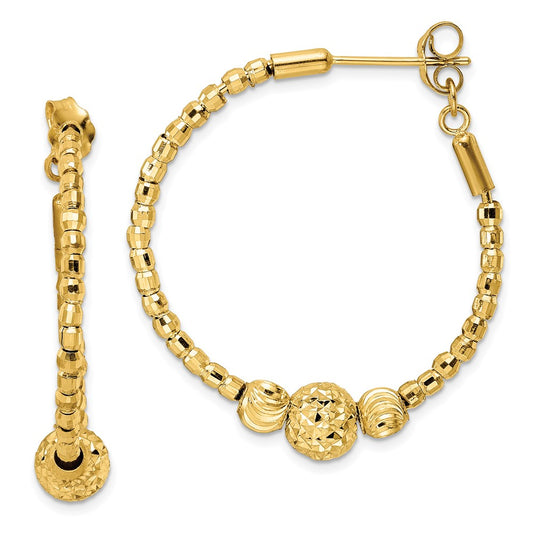 14K Yellow Gold Diamond-cut Hoop Beaded Earrings