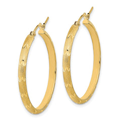 14K Yellow Gold Polished and Satin Diamond-cut Hoop Earrings