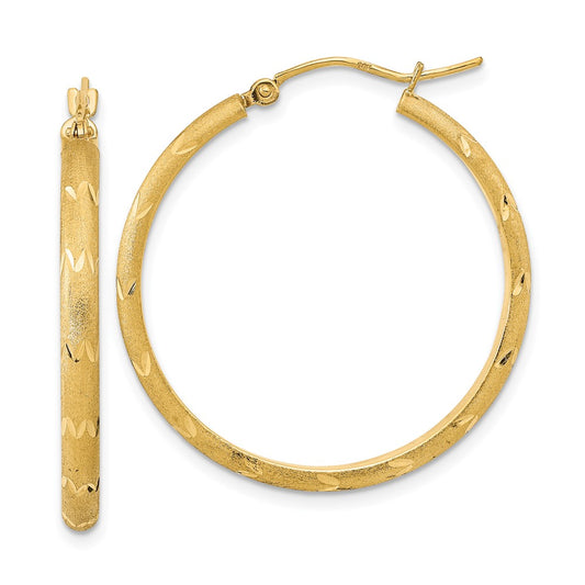 14K Yellow Gold Polished and Satin Diamond-cut Hoop Earrings