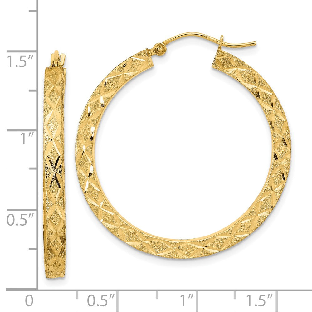 14K Yellow Gold Satin Diamond-cut Hoop Earrings