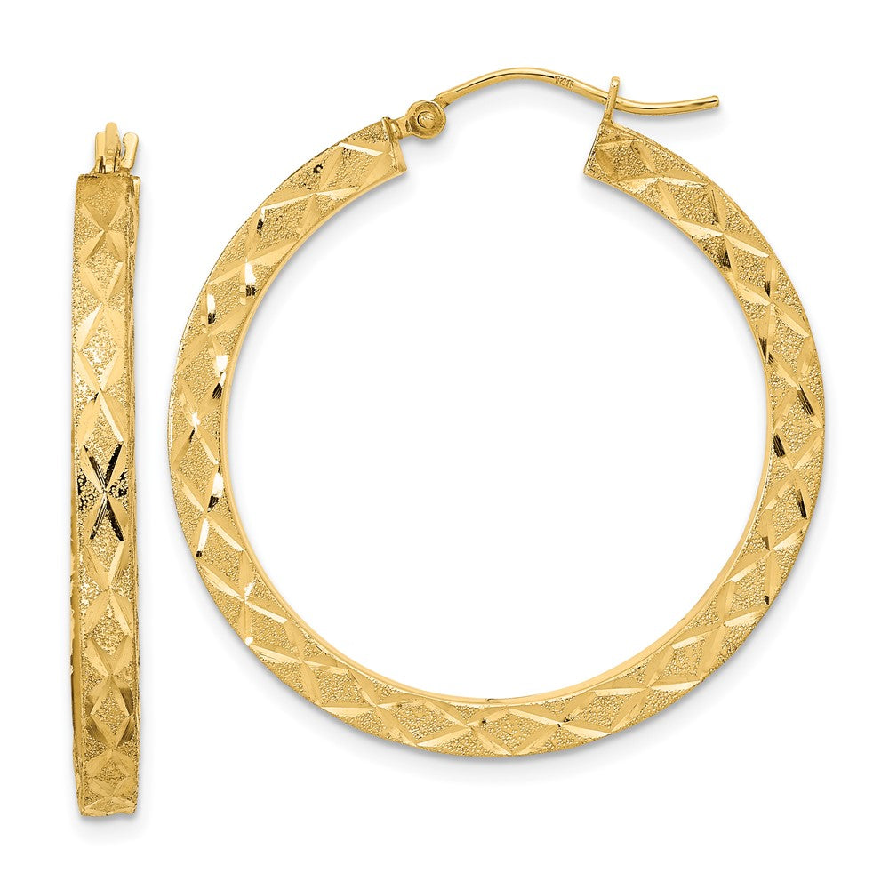 14K Yellow Gold Satin Diamond-cut Hoop Earrings