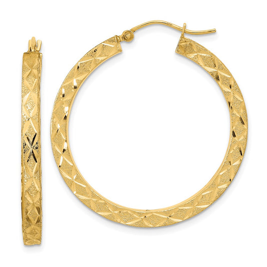 14K Yellow Gold Satin Diamond-cut Hoop Earrings