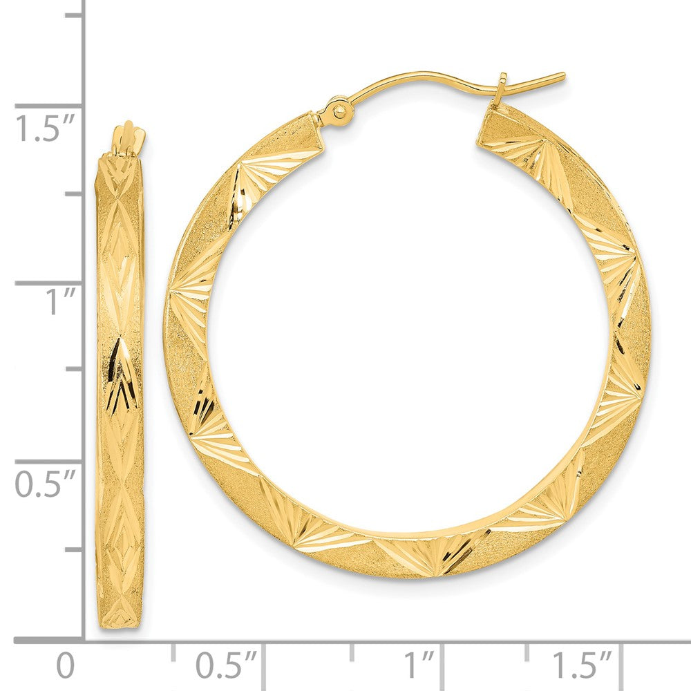 14K Yellow Gold Polished and Satin Diamond-cut Hoop Earrings