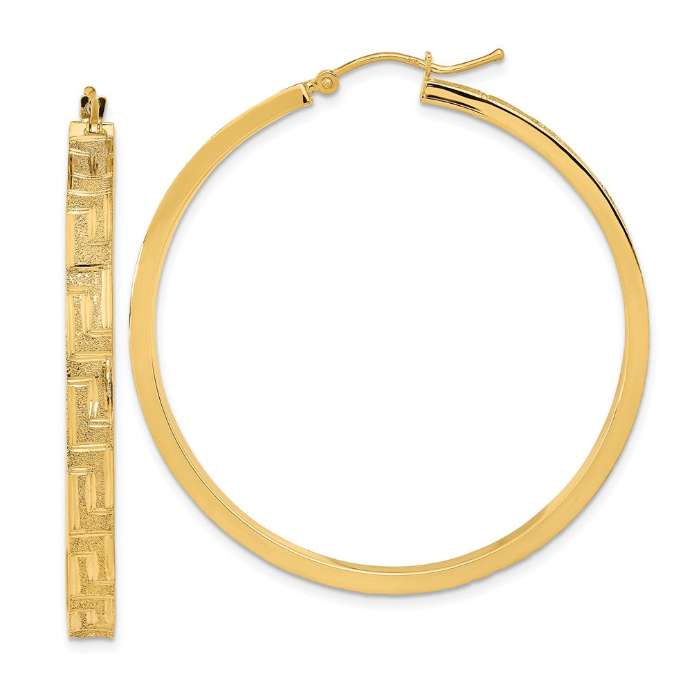 14K Yellow Gold Polished and Satin Greek Pattern Hoop Earrings