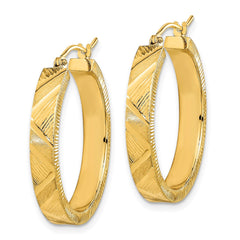 14K Yellow Gold Polished and Brushed Textured Hoop Earrings