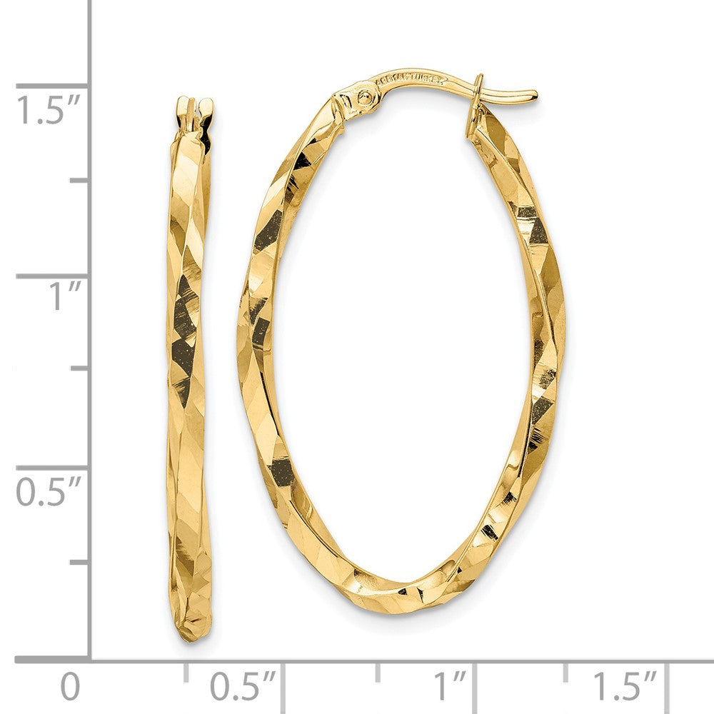 14K Yellow Gold Twisted 2.5x22x36mm Oval Hoop Earrings