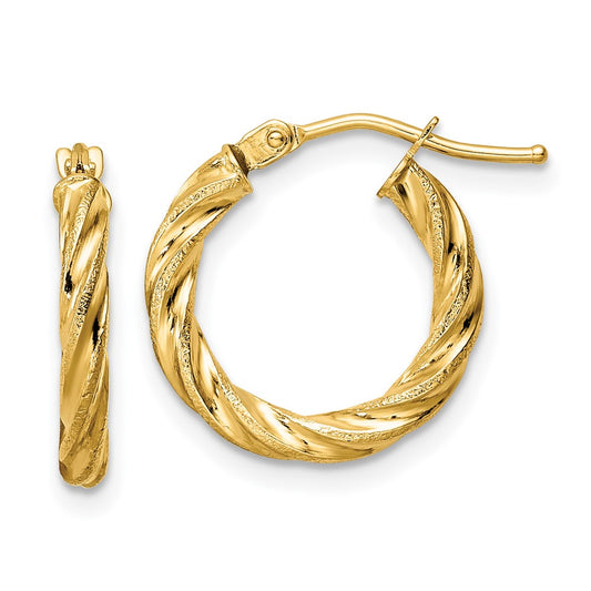 14K Yellow Gold Polished & Textured Twisted Hoop Earrings
