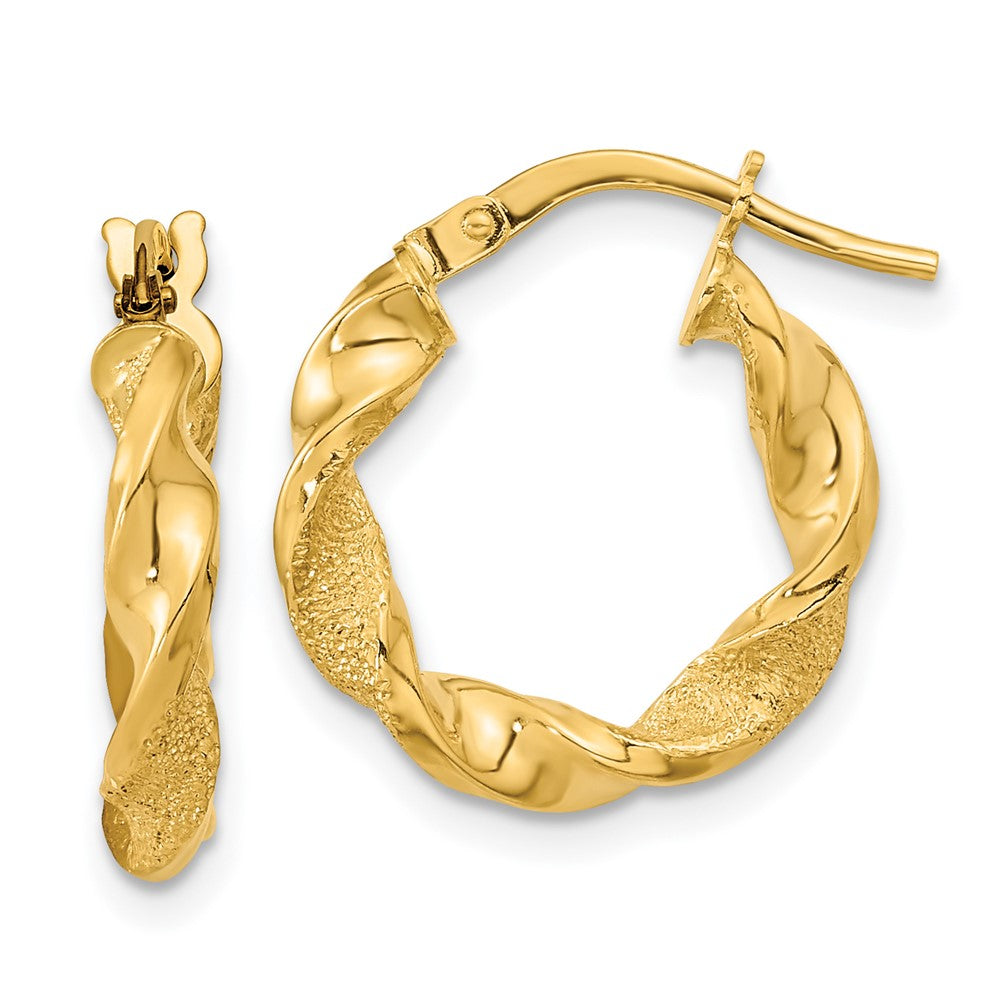14K Yellow Gold Polished and Textured Twisted Hoop Earrings