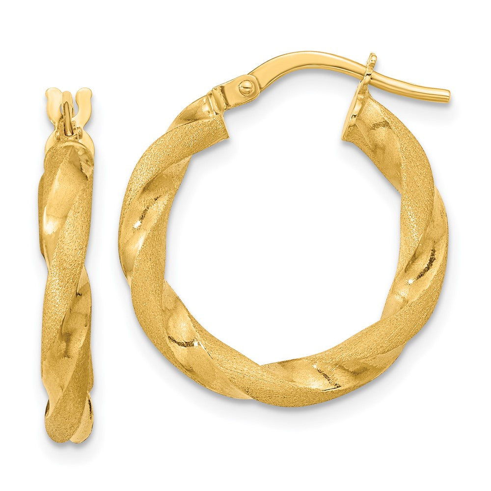 14K Yellow Gold Polished and Satin Twisted Hoop Earrings