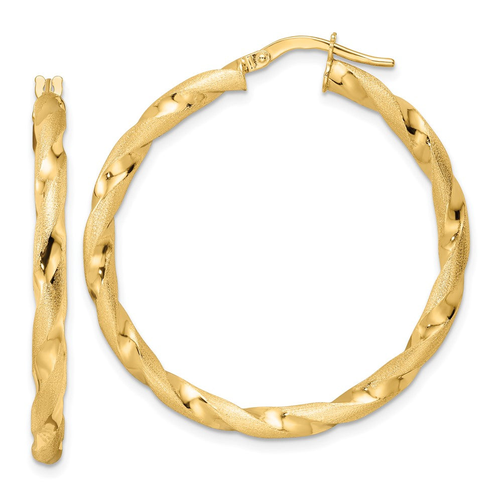 14K Yellow Gold Brushed and Polished Twisted Hoop Earrings