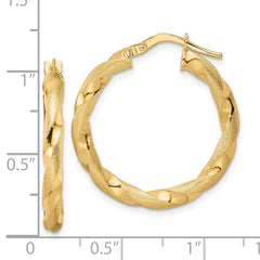 14K Yellow Gold Brushed and Polished Twisted Hoop Earrings