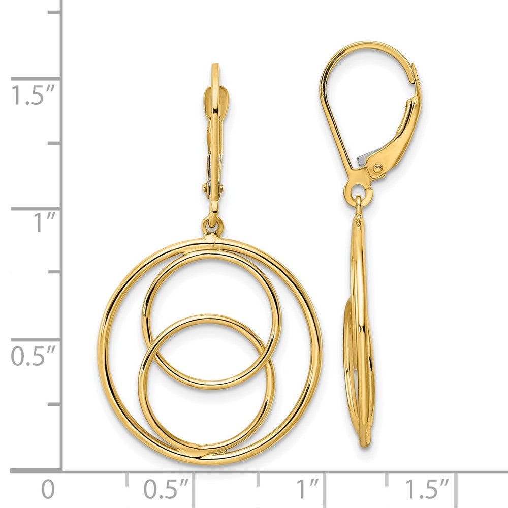 14K Yellow Gold Polished 2 Circles in Circle Leverback Dangle Earrings
