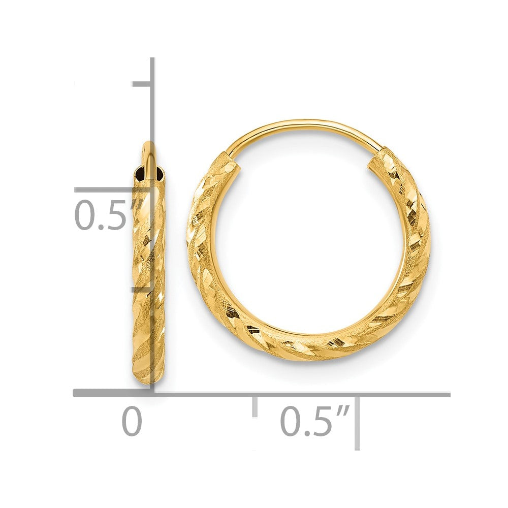 14K Yellow Gold Polished and Satin Diamond-cut 2.00mm Endless Hoop Earrings