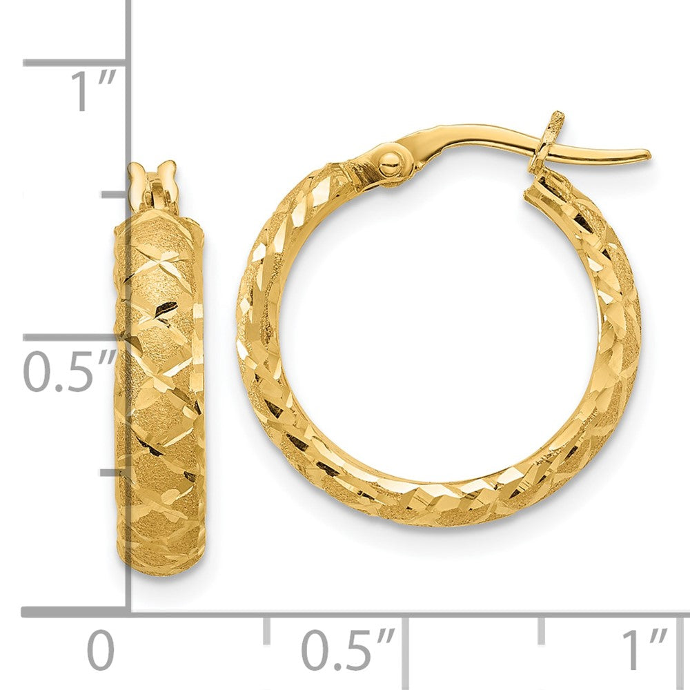 14K Yellow Gold Satin Criss Cross 4mm Diamond-cut Hoop Earrings