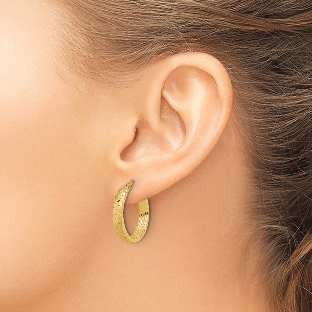 14K Yellow Gold Satin 4mm Diamond-cut Hoop Earrings