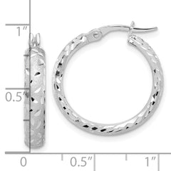 14K White Gold Satin 4mm Diamond-cut Hoop Earrings