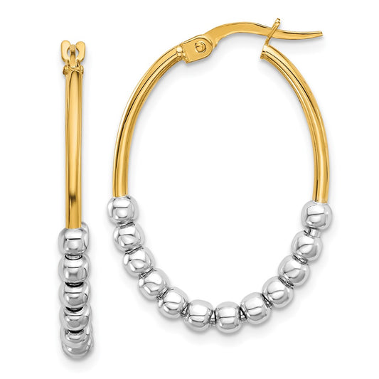 14K Two-Tone Gold Polished Beaded Oval Hoop Earrings