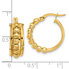 14K Yellow Gold Polished and Beaded Hoop Earrings