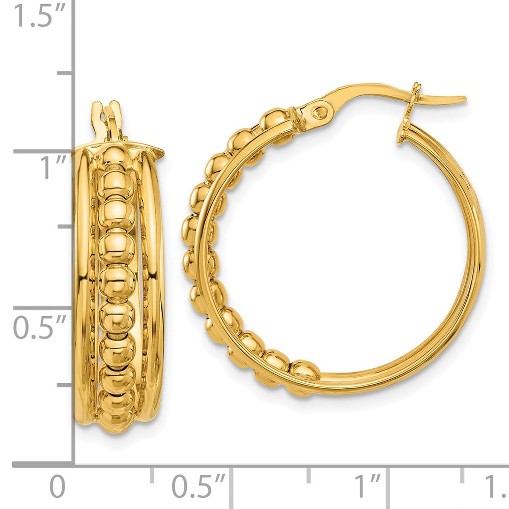 14K Yellow Gold Polished and Beaded Hoop Earrings