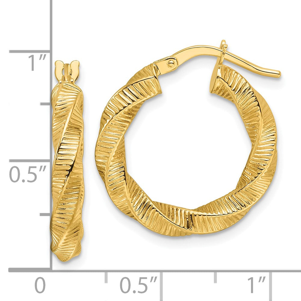14K Yellow Gold Polished 3.5mm Twisted & Textured Round Hoop Earrings