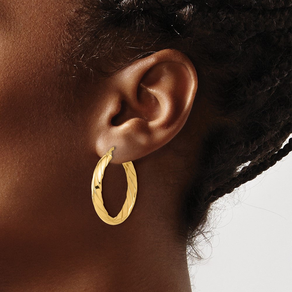 14K Yellow Gold Polished and Textured Hoop Earrings