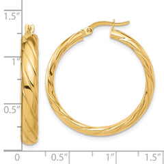14K Yellow Gold Polished and Textured Hoop Earrings