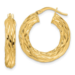 14K Yellow Gold Polished Woven Texture 4.75mm Round Hoop Earrings