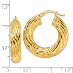 14K Yellow Gold Polished Twist 6mm Hollow Round Hoop Earrings